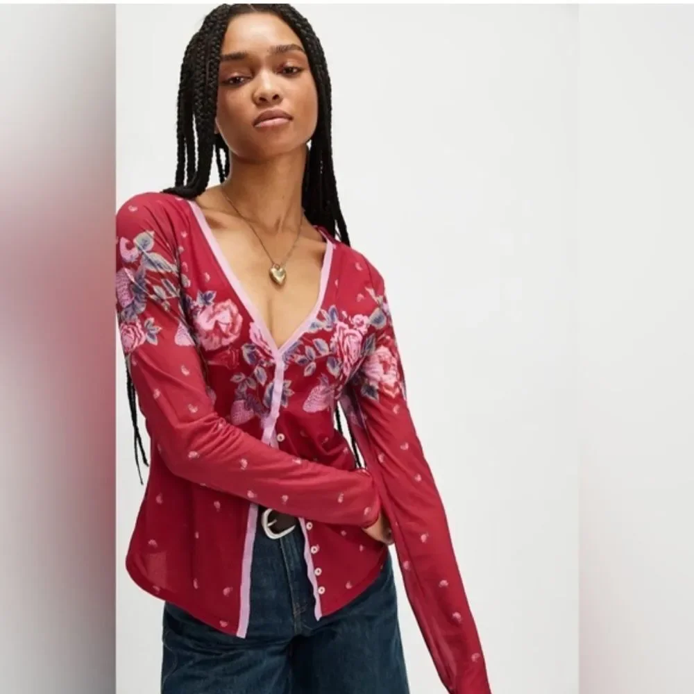 Free People Home Grown Mesh cardigan in magenta combo